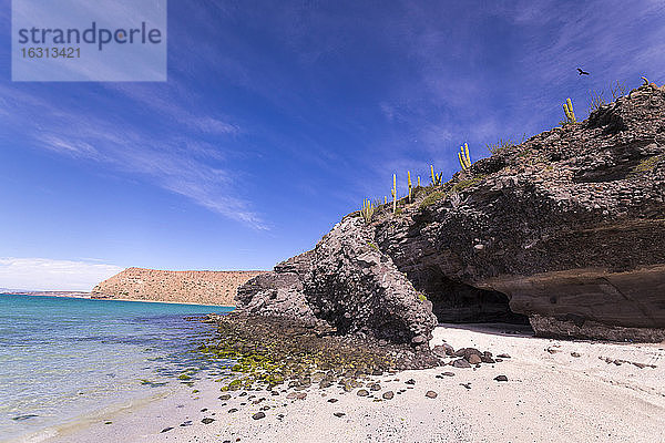 Sandstrand und Felsklippe  Isla Espiritu  Mexiko.