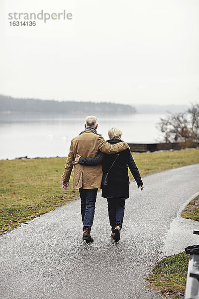 Rückansicht eines älteren Paares mit dem Arm um den Fußweg im Winter