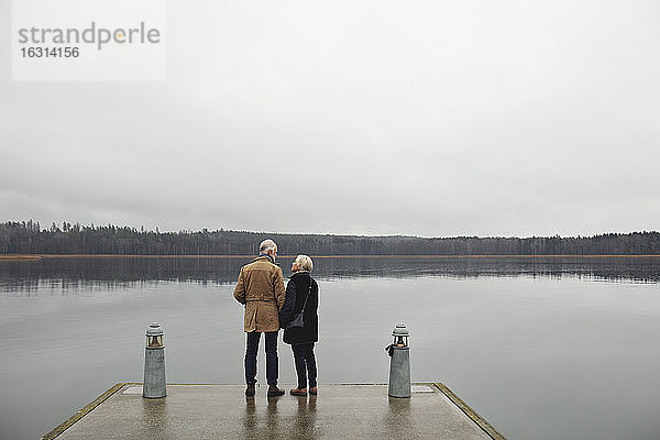 Rückansicht eines älteren Ehepaares  das sich am See vor klarem Himmel unterhält