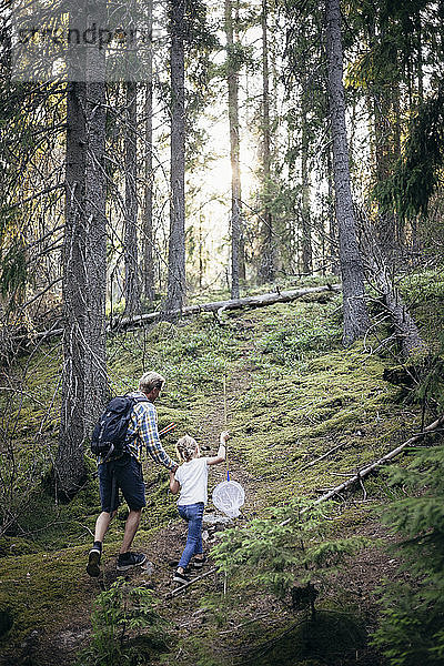 Tiefwinkelansicht von Vater und Tochter mit Netz im Wald