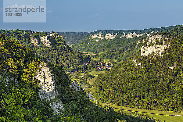 Blick vom Eichfelsenfelsen zur Burg Werenwag  Oberes Donautal  Schwäbische Alb  Baden-Württemberg  Deutschland  Europa