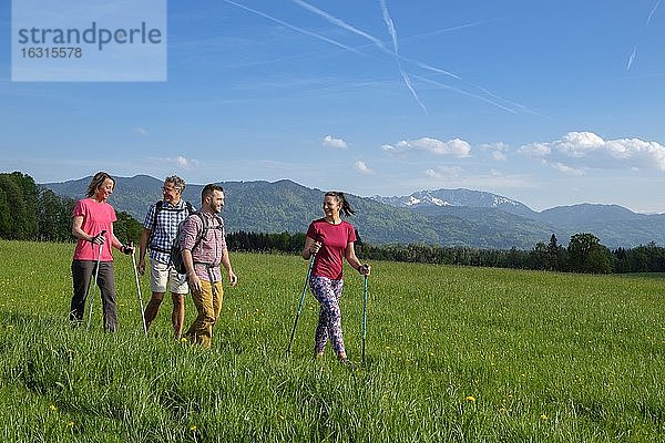 Gruppe beim Wandern  Wanderung  Nantesbuch  vor Benediktenwand  Bad Heilbrunn  Loisachtal  Oberbayern  Bayern  Deutschland  Europa