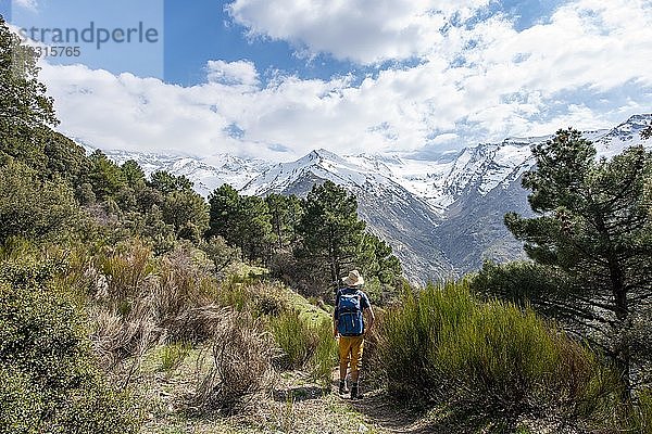 Wanderer auf einem Wanderweg  Wanderweg Vereda de la Estrella  hinten Sierra Nevada mit Gipfel Mulhacén und Pico Alcazaba  schneebedeckte Berge bei Granada  Andalusien  Spanien  Europa