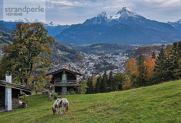 Ortsüberblick mit Steinerne Meer und Watzmann  Berchtesgaden  Berchtesgadener Alpen  Berchtesgadener Land  Oberbayern  Bayern  Deutschland  Europa