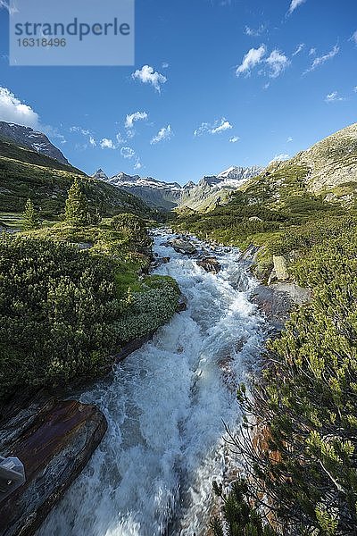 Bergbach  Zemmbach  hinten Kleiner Mörchner und Zsigmondyspitze  schneebedeckte Berge  Berliner Höhenweg  Zillertaler Alpen  Zillertal  Tirol  Österreich  Europa