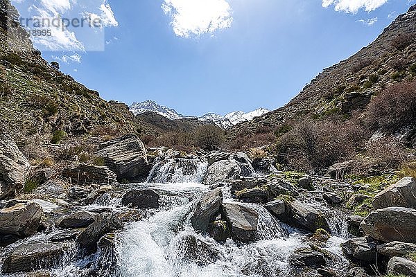 Bergbach Rio Valdeinfierno  Wanderweg bei Junta de los Rios  hinten Sierra Nevada mit Gipfel Mulhacén und La Alcazaba  schneebedeckte Berge bei Granada  Andalusien  Spanien  Europa