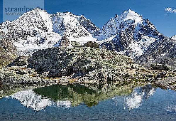 Kleiner Bergsee auf Fuorcla Surlej mit Piz Bernina und Piz Roseg  Silvaplana  Berninaalpen  Oberengadin  Engadin  Graubünden  Schweiz  Europa