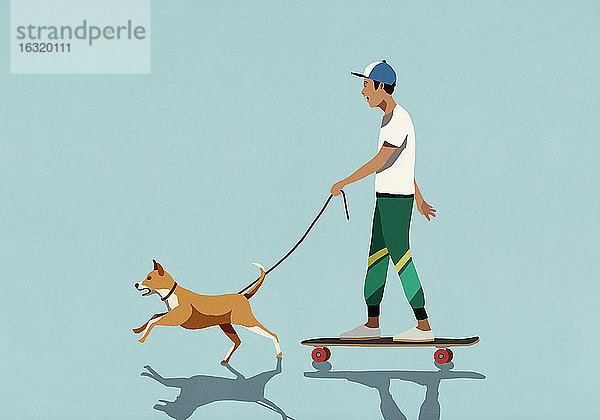 Hund an der Leine  der einen Jungen auf einem Skateboard zieht