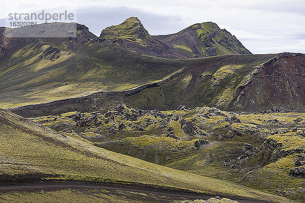 Aussicht auf moosbewachsene Felsformationen  Island
