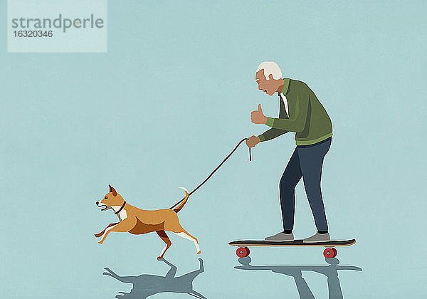 Hund an der Leine zieht aufgeregten älteren Mann auf Skateboard