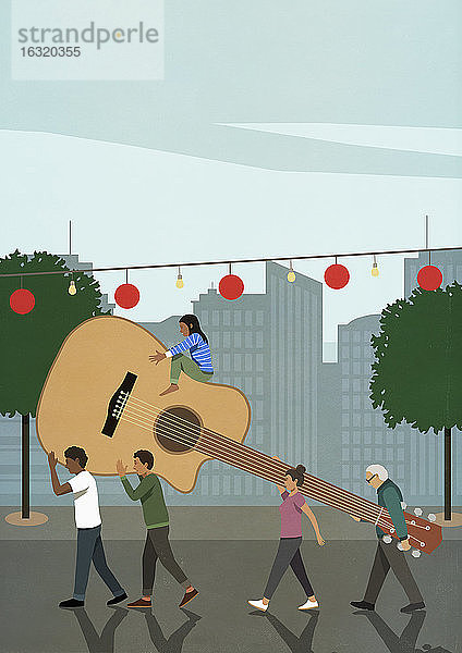 Gemeinschaft trägt große Gitarre in die Stadt