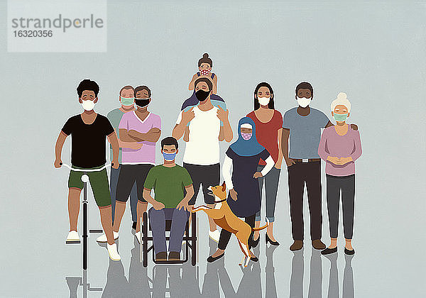 Porträt einer vielfältigen Gemeinschaft mit Gesichtsmasken