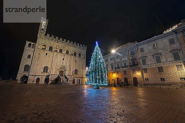 Italien  Umbrien  Provinz Perugia  Gubbio  Signoria-Platz  Palazzo dei Consoli und ein Weihnachtsbaum bei Nacht