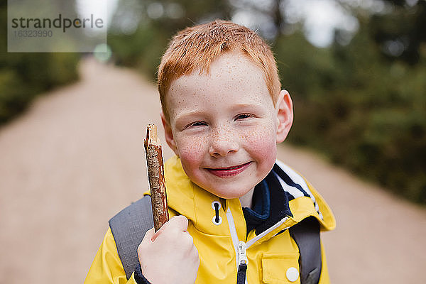 Porträt eines rothaarigen kleinen Jungen mit Holzstock