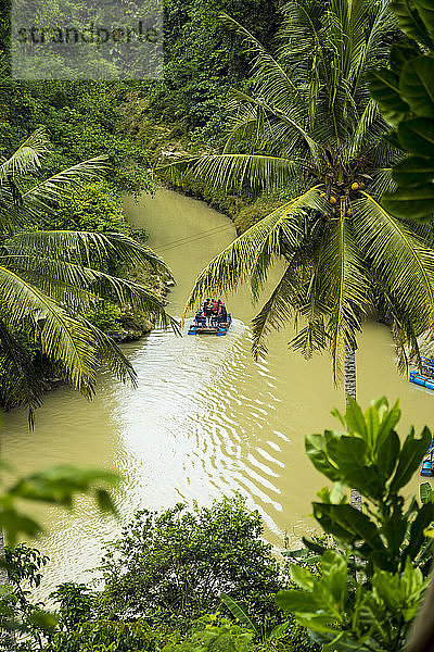 Indonesien  Java  Blick auf Holzfloß mit Touristen auf einem Fluss von oben gesehen