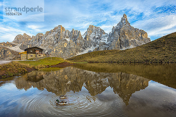 Italien  Trentino  Dolomiten  Passo Rolle  Hütte Baita Segantini und Bergkette Pale di San Martino