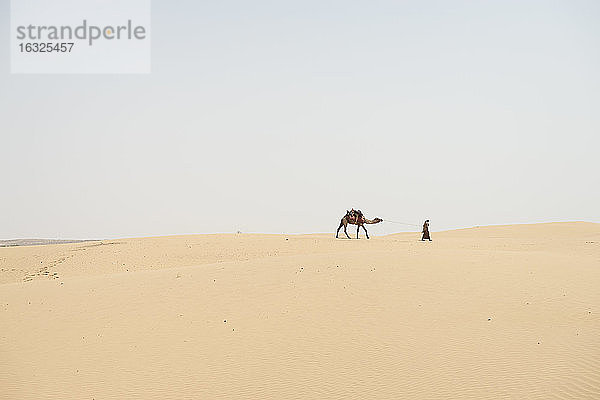 Mann führt Kamel durch Wüste