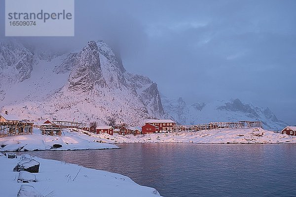 Winterstimmung frühmorgens im Fischerdorf  Stockfischgestelle  Schneefall in den Bergen  Reine  Nordland  Lofoten  Norwegen  Europa