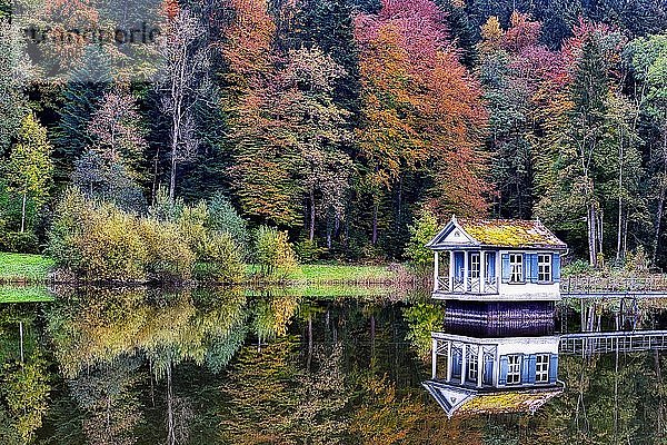 Spiegelung des Bootshaus am Wenigerweier  dahinter herbstfarbene Bäume  St. Gallen  Kanton St. Gallen  Schweiz  Europa