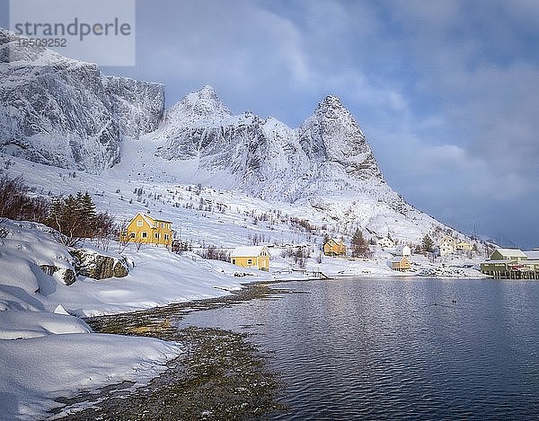 Fischerdorf Reine im Winter in der Morgendämmerung  verschneite Landschaft  Reinefjord  Moskenesøya  Nordland  Lofoten  Norwegen  Europa