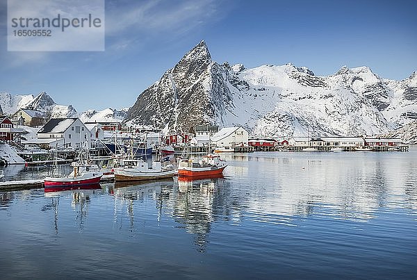 Fischerdorf mit Fischerhütten und Bootssteg im Winter am Fjord  Hamnoy  Nordland  Lofoten  Norwegen  Europa