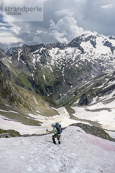 Wanderin überquert Schneefeld  Abstieg von der Mörchnerscharte zum Floitengrund  Berliner Höhenweg  Zillertaler Alpen  Zillertal  Tirol  Österreich  Europa