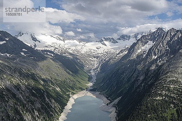 Blick vom Berliner Höhenweg auf Schlegeisstausee  Speicher Schlegeis  Zillertaler Alpen  Gletscher Schlegeiskees  Zillertal  Tirol  Österreich  Europa