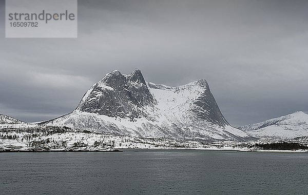 Verschneites Bergmassiv Kulhornet  Kobbenestinden  arktische Winterlandschaft  vorne Meer  Nordland  Norwegen  Europa