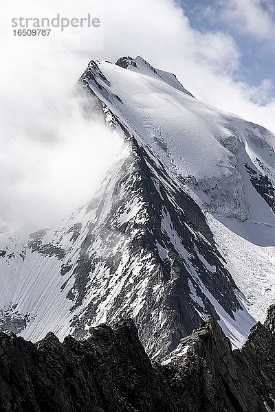 Schroffe Berggipfel  Großer Möseler mit Gletscher Furtschaglkees  schneebedeckte Berge  hochalpine Landschaft bei Nebel  Berliner Höhenweg  Zillertaler Alpen  Zillertal  Tirol  Österreich  Europa