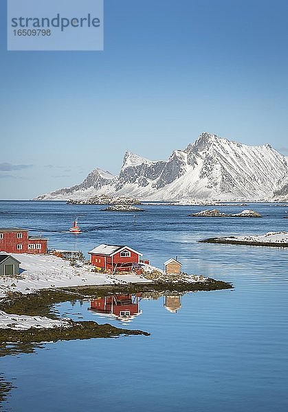 Rotes Farmhaus spiegelt sich im Fjord Rossoy Straumen  hinten weiter Ozean  verschneite Berge Hustinden und Björntinden  Nordland  Lofoten  Norwegen  Europa