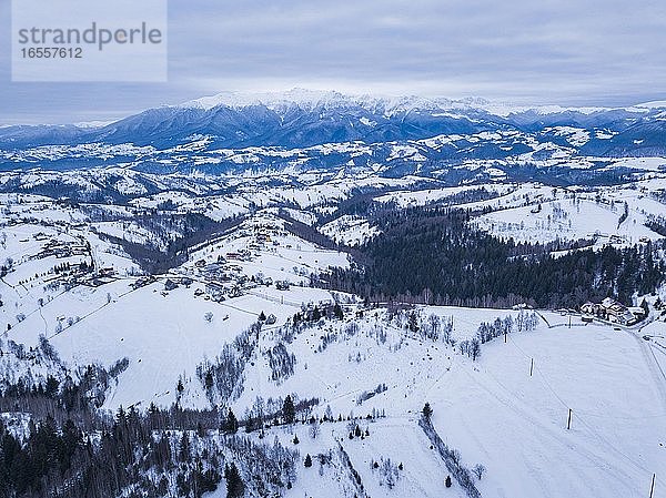 Verschneite Winterlandschaft in den Karpaten  Bran  Siebenbürgen  Rumänien Drohne