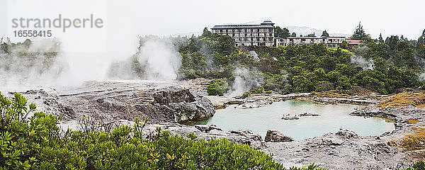 Panoramafoto von Te Puia Springs  Rotorua  Nordinsel  Neuseeland