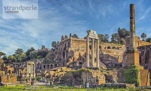 Rom  Italien. Das Forum Romanum. Die drei Säulen sind die Überreste des Tempels von Castor und Pollux (Tempio di Castore e Polluce). Das historische Zentrum von Rom gehört zum UNESCO-Weltkulturerbe.