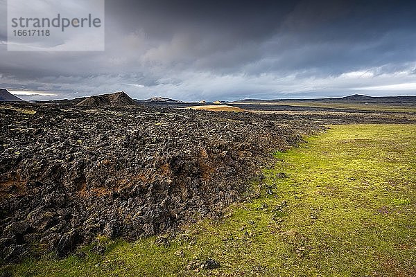 Schwarze erstarrte Lava grenzt an saftig grünes Gras mit dramtatischen Wolken in Leihrnjukur in der Krafla  Skútustaðir  Norðurland eystra  Island  Europa