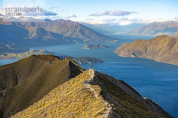 Wanderin macht Yoga  Gipfel des Mount Roy  Ausblick auf Berge und See  Roys Peak  Lake Wanaka  Südalpen  Otago  Südinsel  Neuseeland  Ozeanien