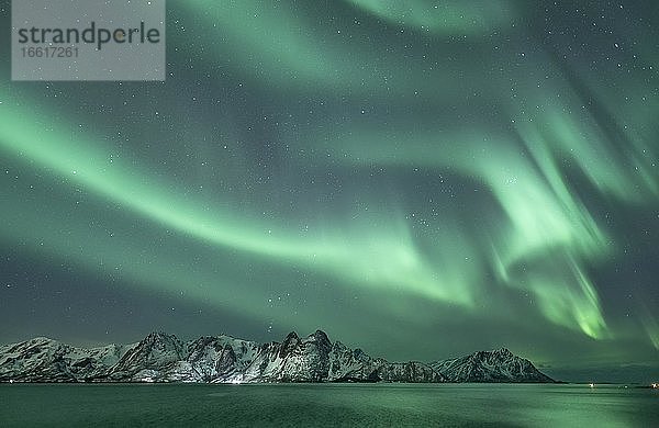 Nordlicht (Aurora borealis)  vor schneebedeckten Bergen spiegelt sich im Meer am Fjord  Myre  Nordland  Norwegen  Europa