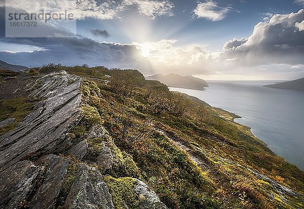 Sonne durchbricht dramatische Wolken am Fjord mit Felsen und farbigem Moos im Herbst  Nesna  Nordland  Norwegen  Europa