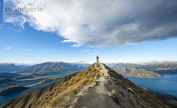 Wanderer steht am Gipfel  Ausblick auf Berge und See vom Mount Roy  Roys Peak  Lake Wanaka  Südalpen  Otago  Südinsel  Neuseeland  Ozeanien