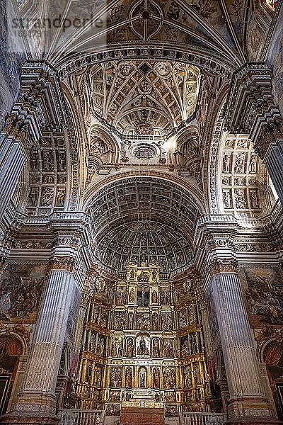 Goldener Hochaltar  Innenraum  mit Ornamenten verzierte Decke  Renaissance Kirche und Kloster  Monasterio de San Jerónimo  Granada  Andalusien  Spanien  Europa