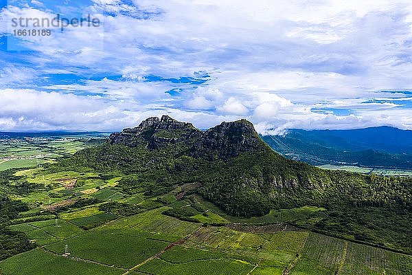 Luftaufnahme  Blick auf den Berg Mont Du Rempart mit Trois Mamelles  Zuckerrohrfelder  Region Black River  Mauritius  Afrika