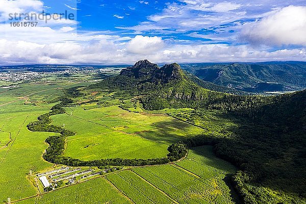 Luftaufnahme des Mont du Rempart mit Trois Mamelles  Zuckerrohrfelder  Region Black River  Mauritius  Afrika