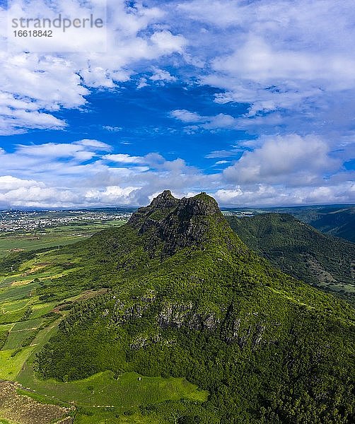 Luftaufnahme des Mont du Rempart mit Trois Mamelles  Zuckerrohrfelder  Region Black River  Mauritius  Afrika