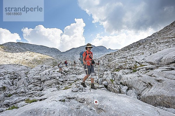 Vier Wanderer in einer Landschaft aus ausgewaschenen Karststeinfelsen  Funtenseetauern  Steinernes Meer  Nationalpark Berchtesgaden  Berchtesgadener Land  Oberbayern  Bayern  Deutschland  Europa