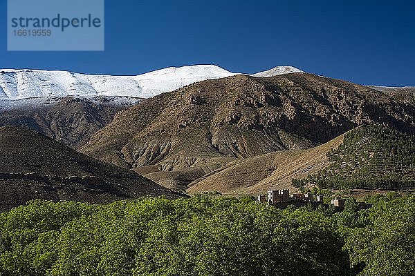 Berglandschaft mit schneebedecktem Berg  im Vordergrund Kasbah  Lehmburg der Berber  Tighremt  Ait Bouguemez-Tal  Tabant  Hoher Atlas  Marokko  Afrika