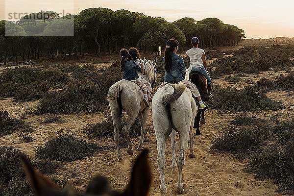 Mutter mit Töchtern reiten Pferde auf Landschaft gegen Himmel während Sonnenuntergang