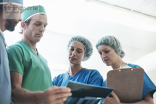 Ein Team von Chirurgen diskutiert über ein medizinisches Röntgenbild im Krankenhaus