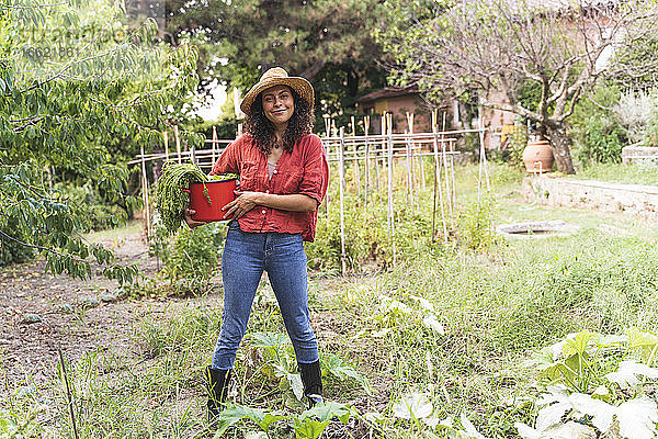 Lächelnde schöne Frau hält geerntetes Gemüse in einem Eimer im Garten