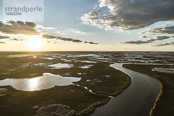USA  Maryland  Drohnenansicht des Sumpfes entlang des Blackwater River bei Sonnenuntergang