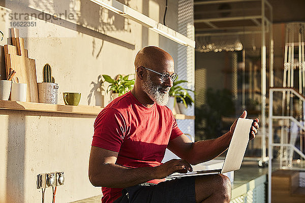 Lächelnder Geschäftsmann  der sich auf seine Arbeit konzentriert  während er zu Hause einen Laptop benutzt