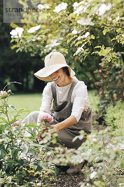 Frau lächelnd beim Pflücken von Rosenblüten im Garten